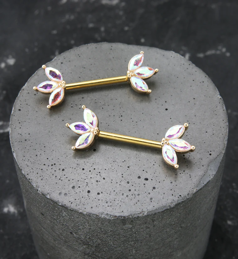 Gold PVD Empress Rainbow Aurora CZ Stainless Steel Nipple Barbell - Image 2