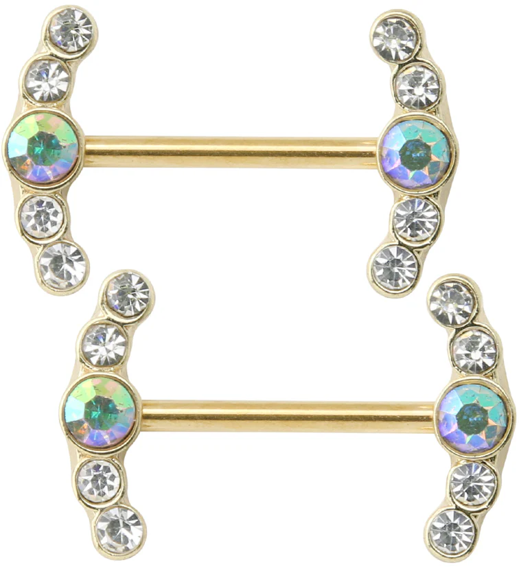 Gold PVD Enring Rainbow Aurora CZ Stainless Steel Nipple Barbell