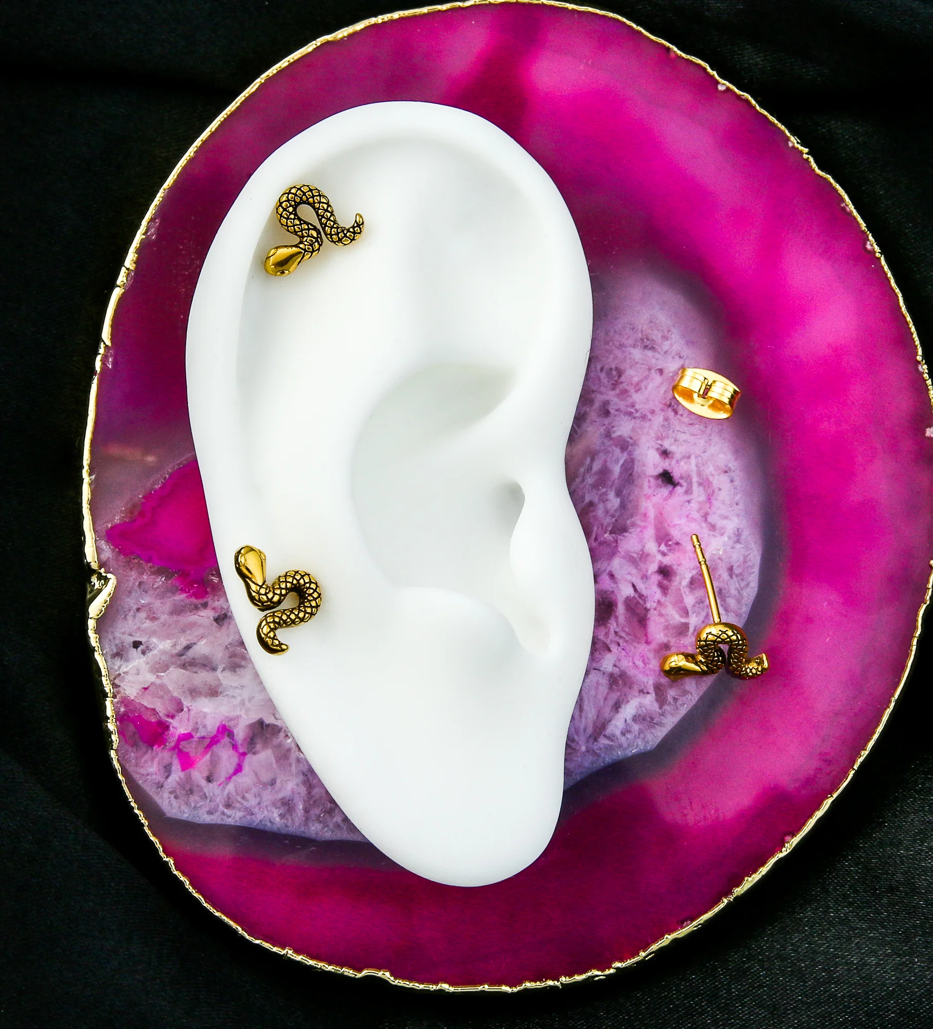 Gold PVD Etched Snake Stainless Steel Stud Earrings - Image 2
