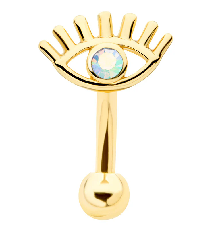 Gold PVD Evil Eye Rainbow Aurora CZ Curved Barbell