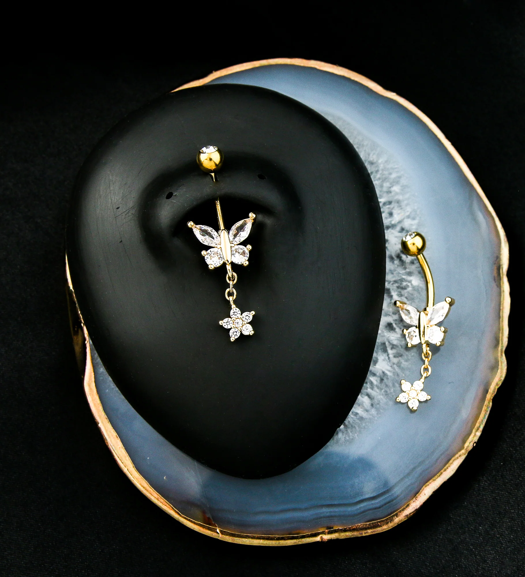 Gold PVD Flower Butterfly Clear CZ Dangle Stainless Steel Belly Button Ring - Image 2