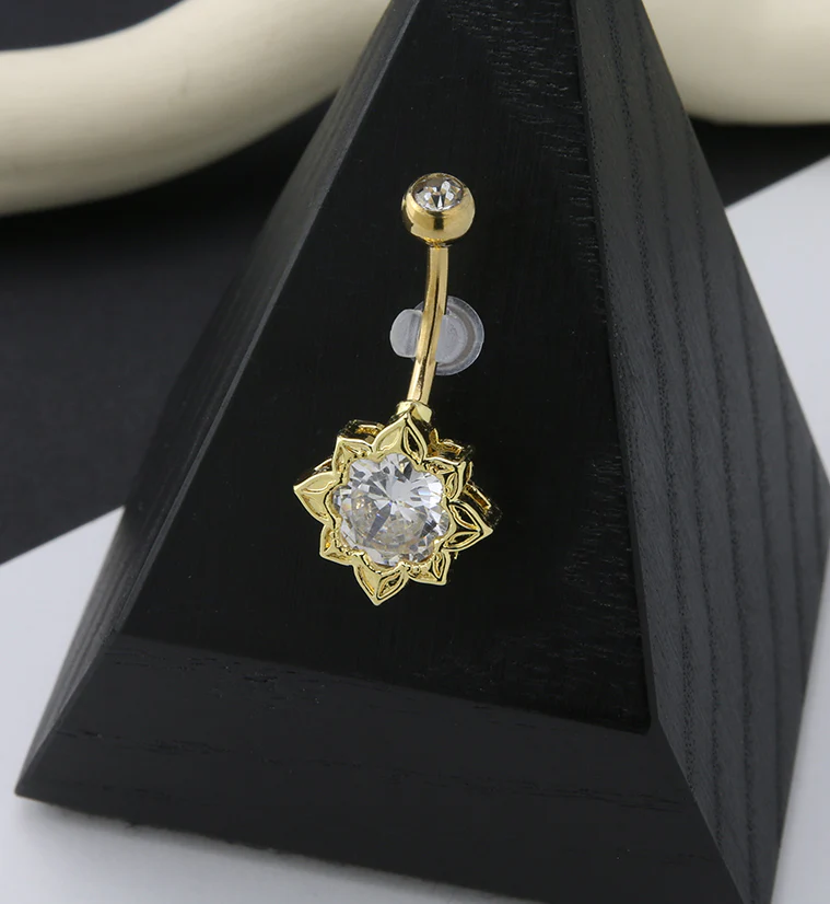 Gold PVD Flower CZ Belly Button Ring - Image 2