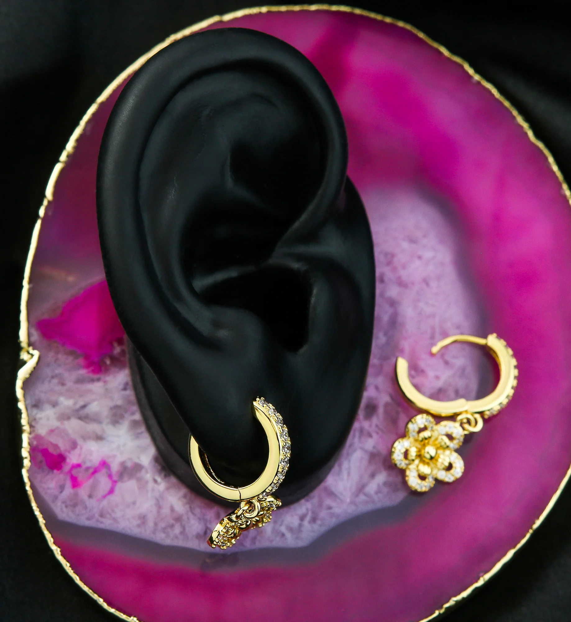 Gold PVD Flower CZ Stainless Steel Hoop Earrings - Image 2