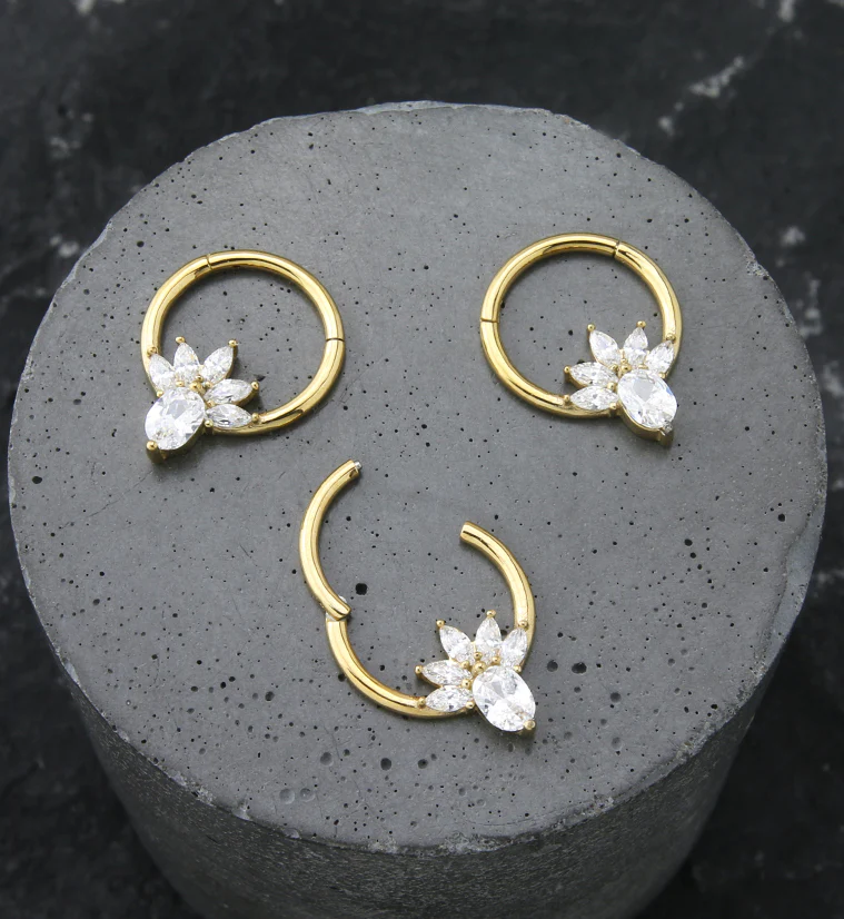 Gold PVD Flower Marquise Clear CZ Stainless Steel Hinged Segment Ring - Image 2
