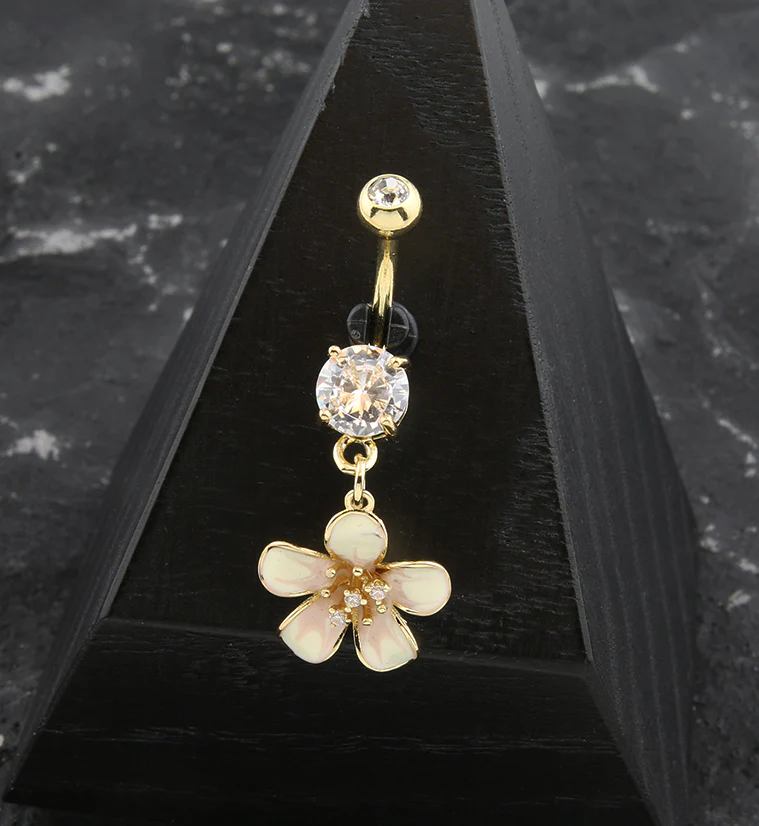 Gold PVD Flower Petals Clear CZ Dangle Belly Button Ring - Image 2