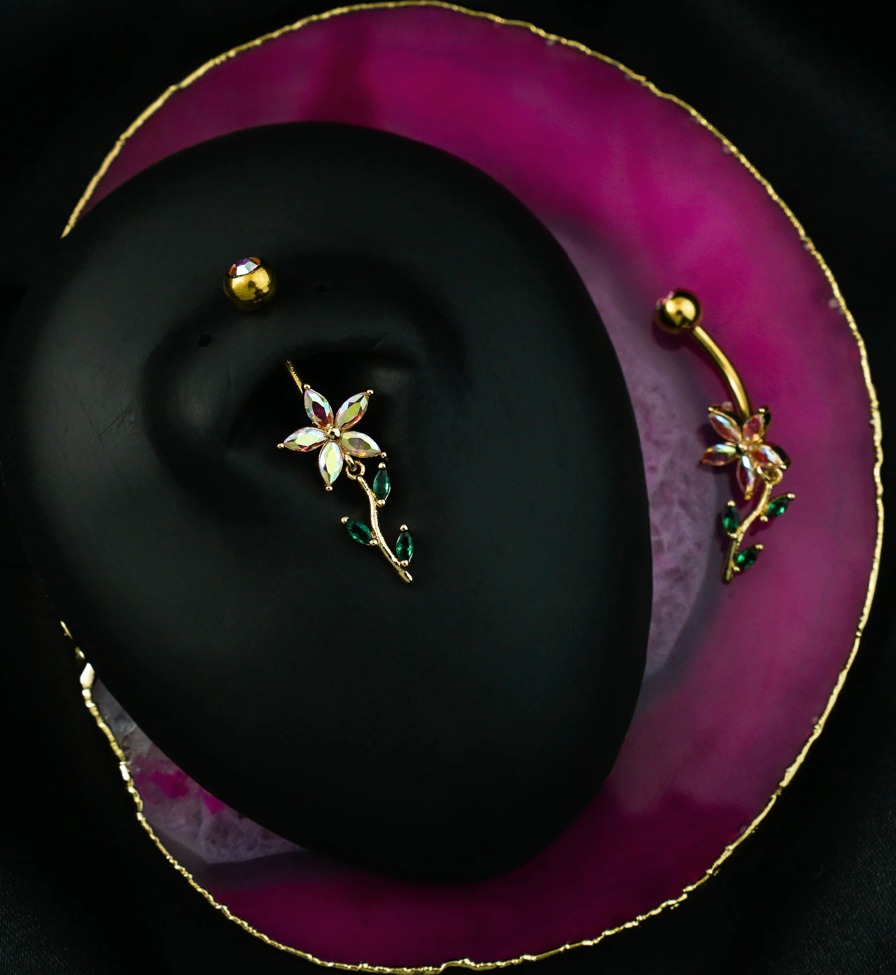 Gold PVD Flower Rainbow Aurora And Emerald CZ Dangle Stainless Steel Belly Button Ring - Image 2