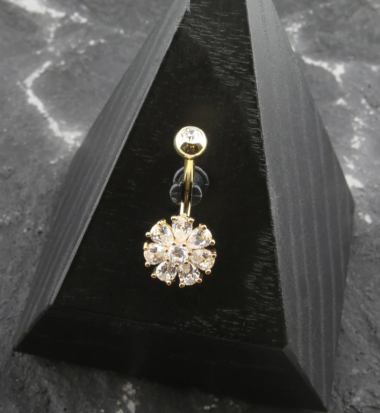 Gold PVD Flower Teardrop Clear CZ Stainless Steel Belly Button Ring - Image 2