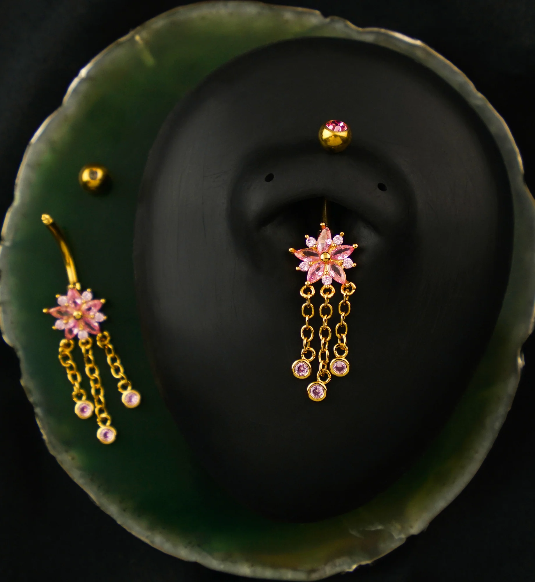 Gold PVD Flower Triple Pink CZ Dangle Stainless Steel Belly Button Ring - Image 2