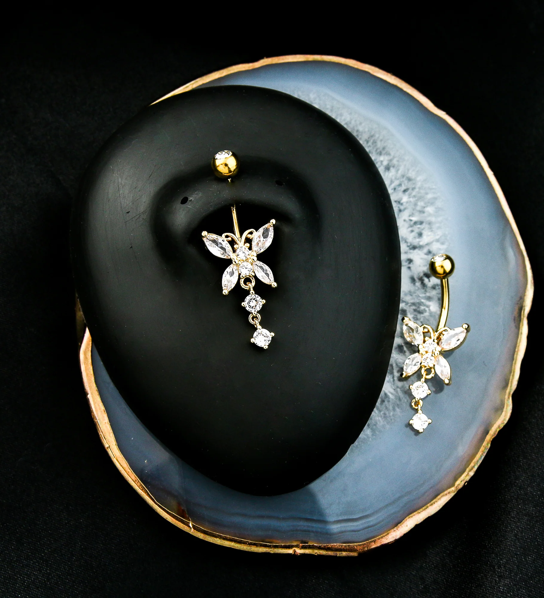 Gold PVD Fluttering Butterfly Clear CZ Dangle Stainless Steel Belly Button Ring - Image 2