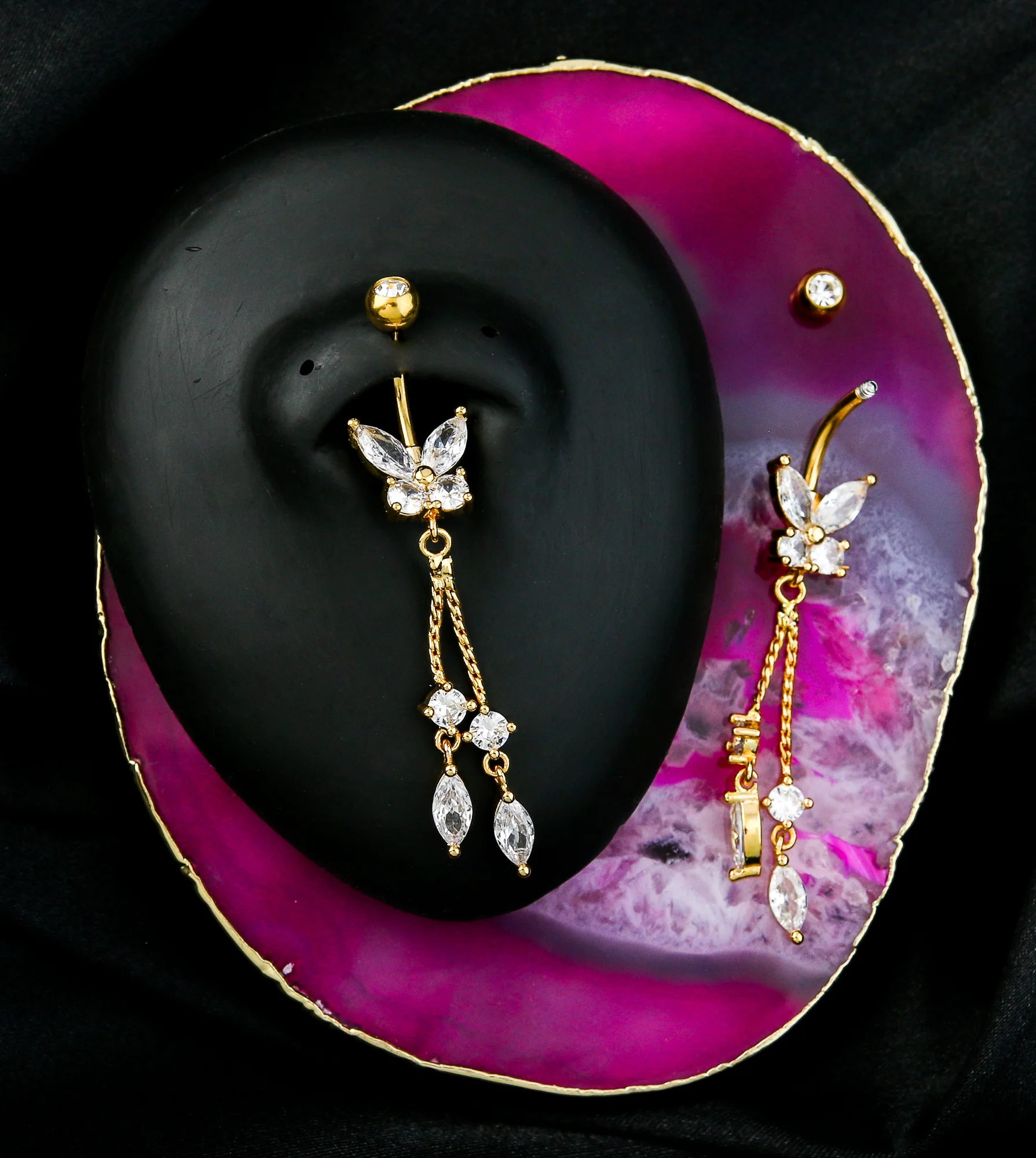 Gold PVD Flying Marquise Butterfly Clear CZ Dangle Stainless Steel Belly Button Ring - Image 2