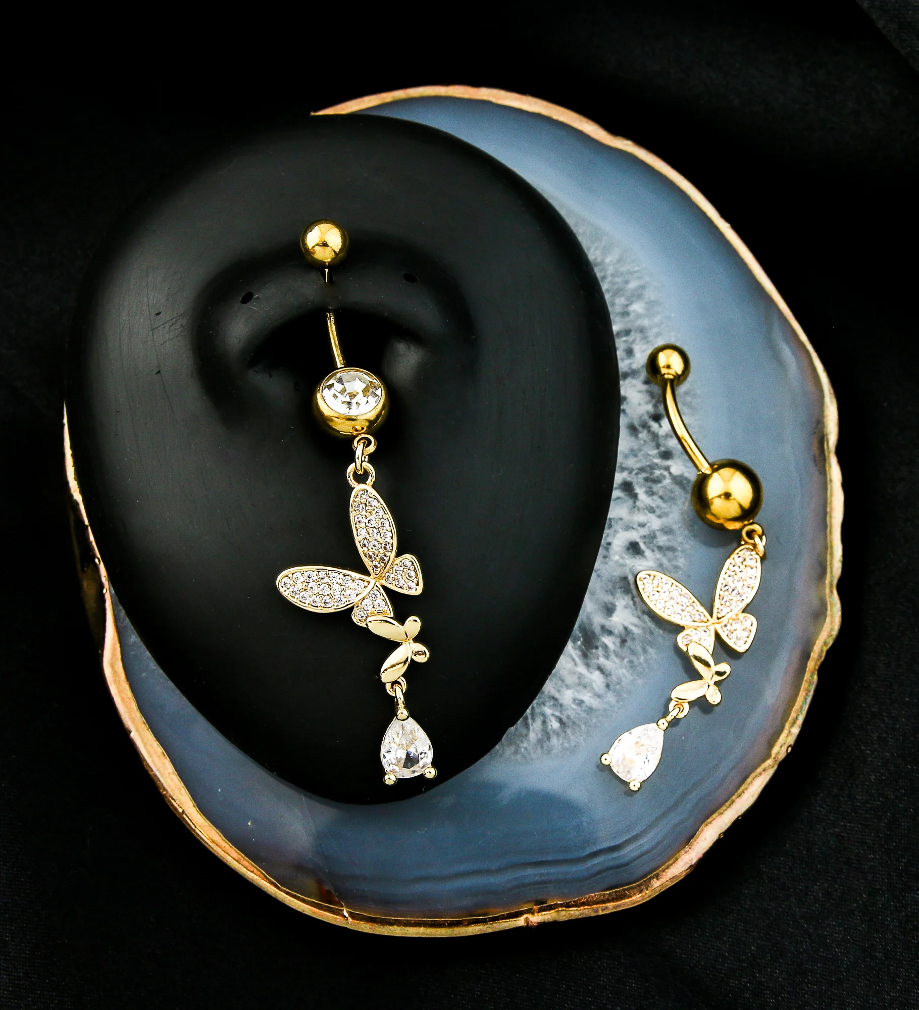 Gold PVD Flying Teardrop Butterfly Clear CZ Dangle Stainless Steel Belly Button Ring - Image 2