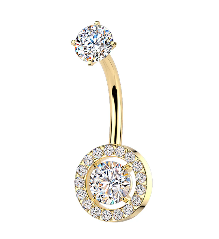Gold PVD Framed Round CZ Stainless Steel Internally Threaded Belly Button Ring