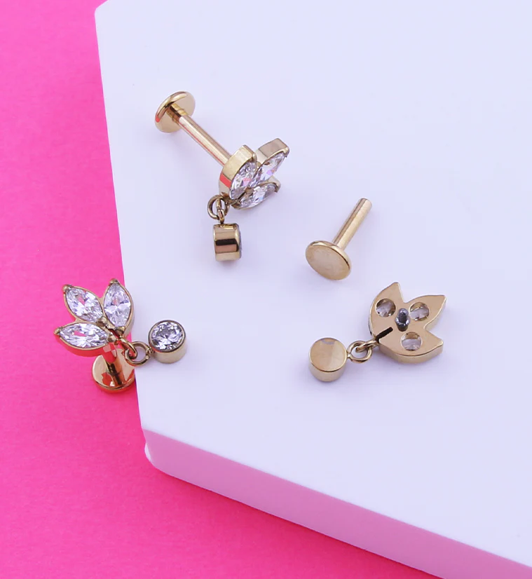 Gold PVD Frond Dangle Clear CZ Internally Threaded Titanium Labret - Image 2