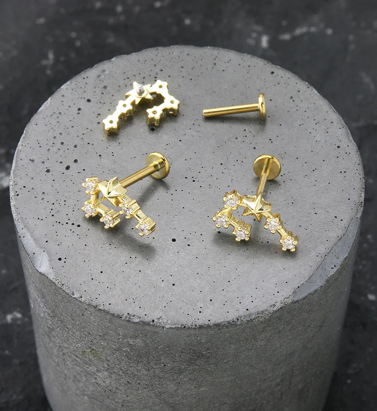 Gold PVD Gemini Constellation Clear CZ Stainless Steel Internally Threaded Labret - Image 2