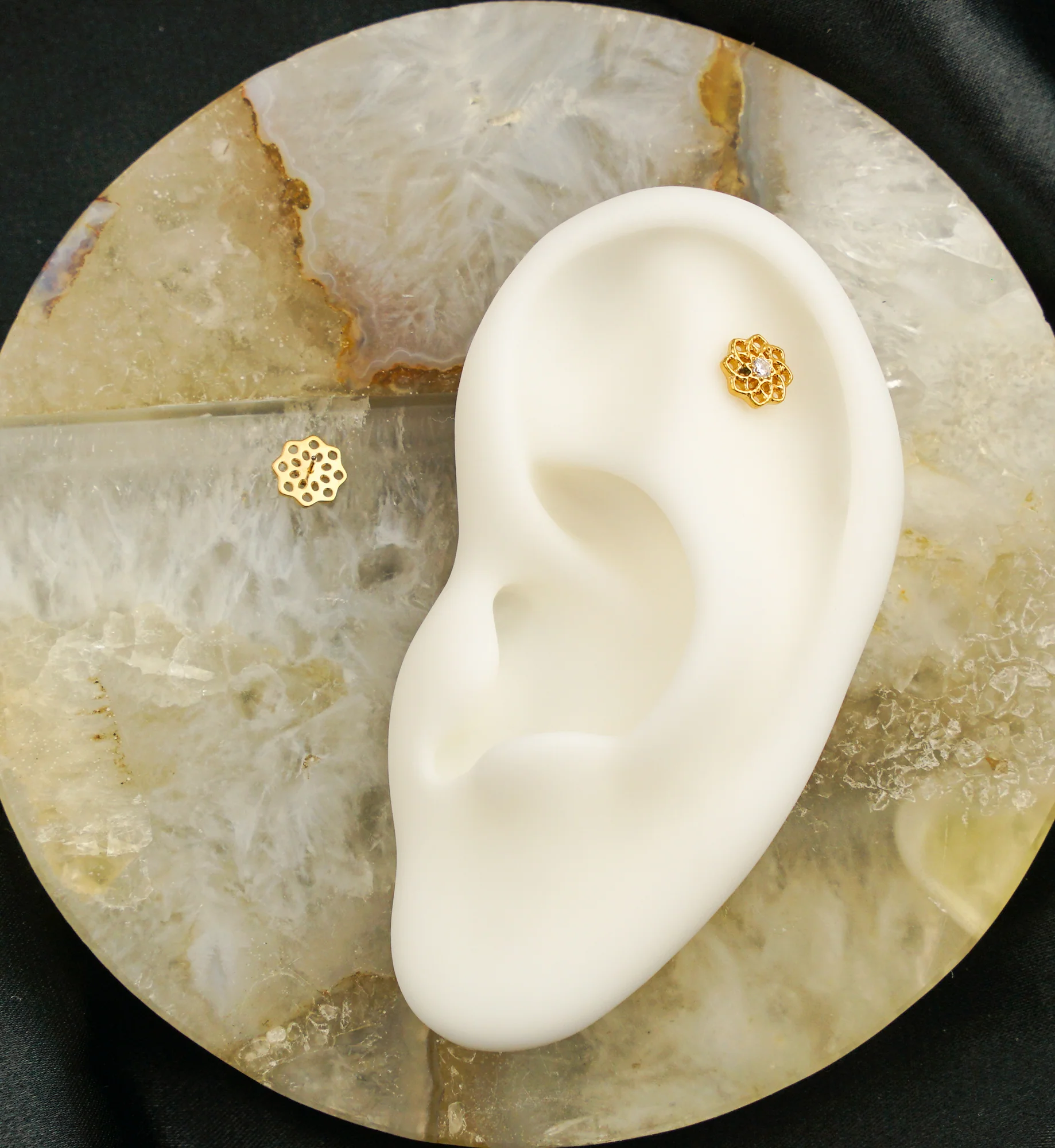 Gold PVD Geo Flower Clear CZ Threadless Titanium Top - Image 2