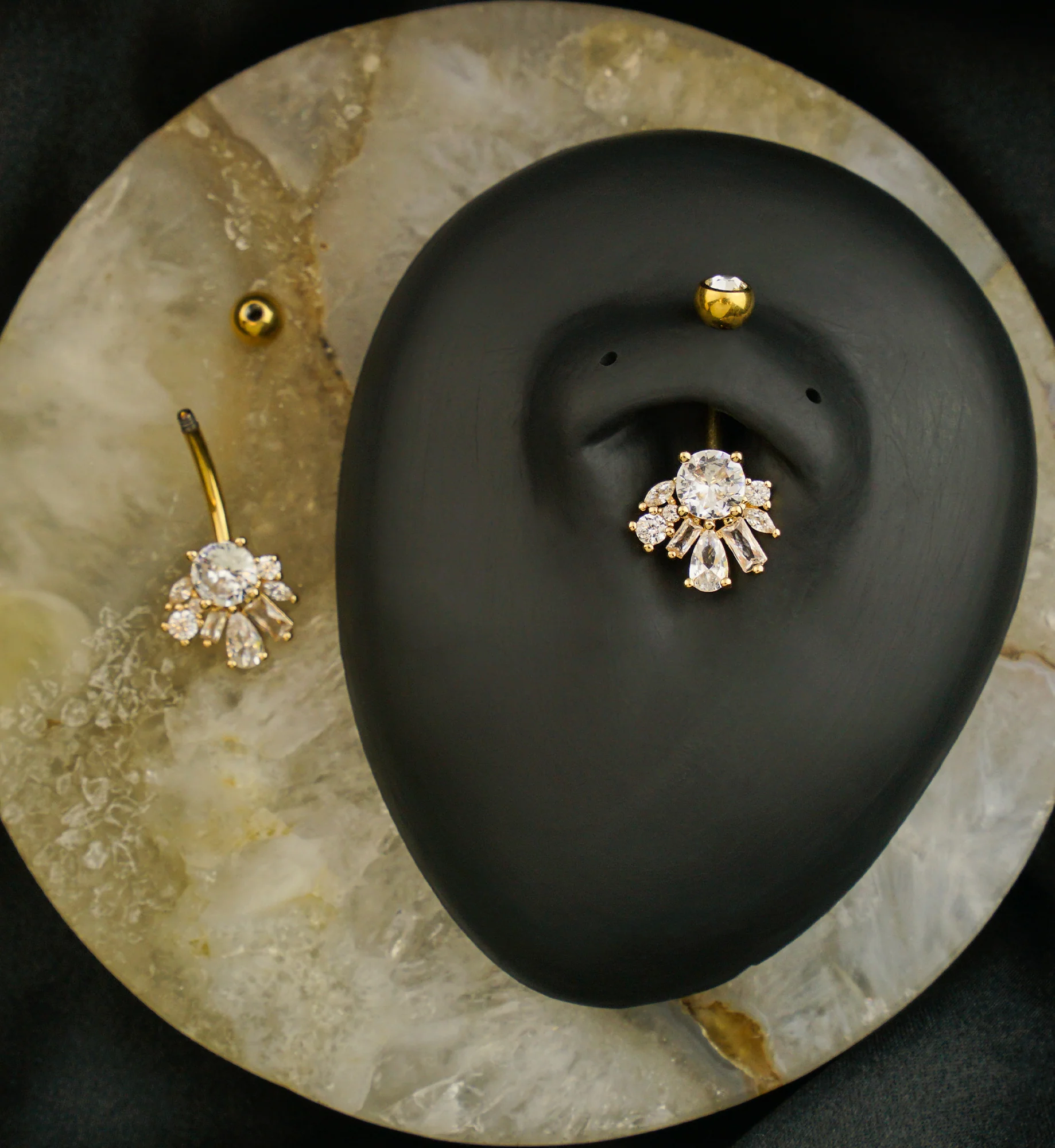 Gold PVD Geometric Cluster Clear CZ Titanium Belly Button Ring - Image 2