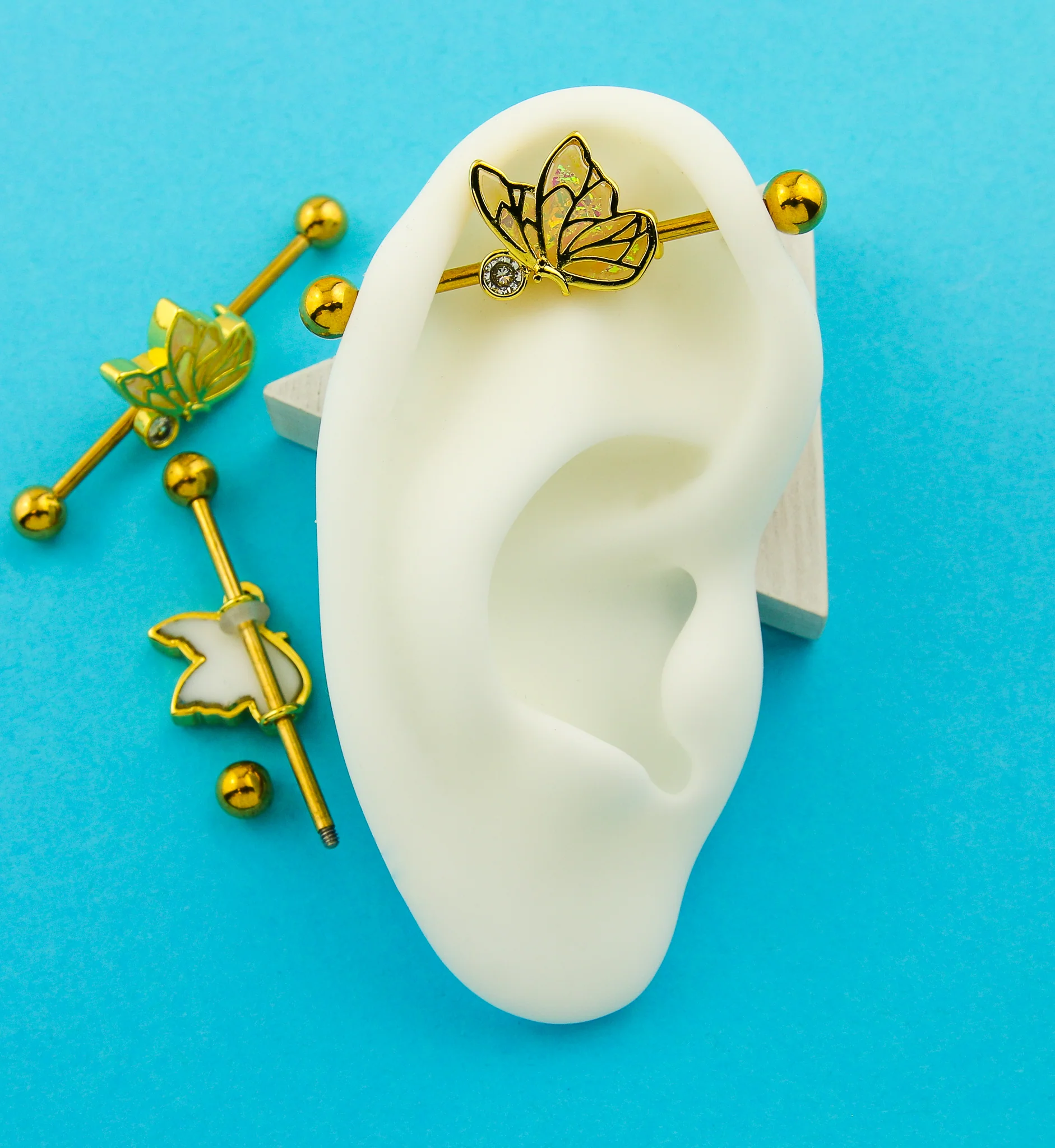 Gold PVD Glitter Butterfly Clear CZ Stainless Steel Industrial Barbell - Image 2