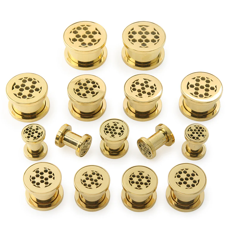 Golden Honeycomb Stainless Steel Tunnel Plugs - Image 2