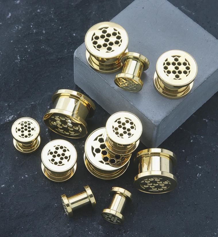 Golden Honeycomb Stainless Steel Tunnel Plugs - Image 3