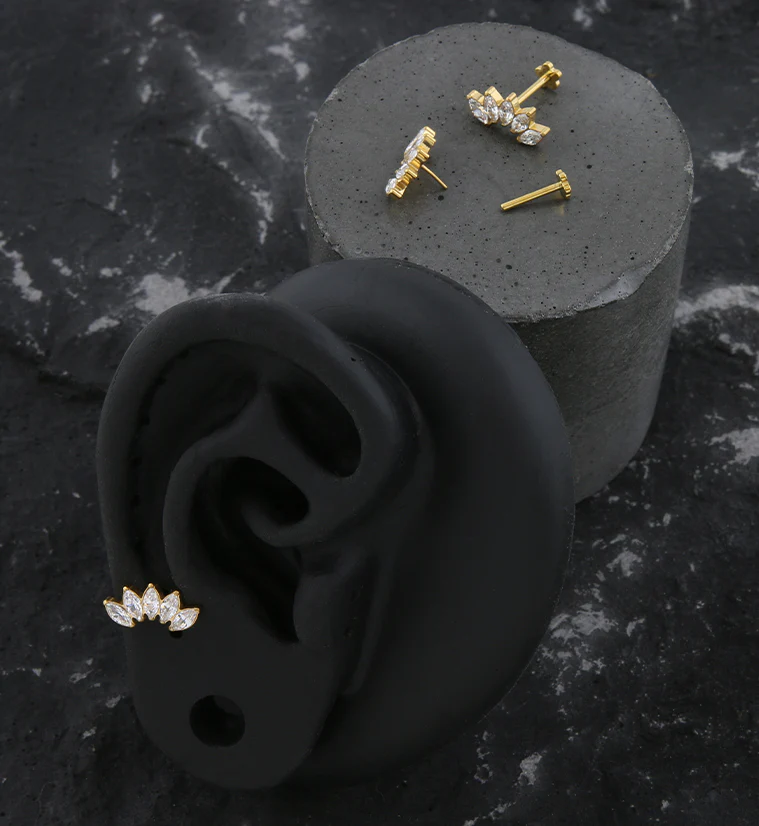 Gold PVD Half Crown Clear CZ Threadless Titanium Flower Back Labret - Image 2