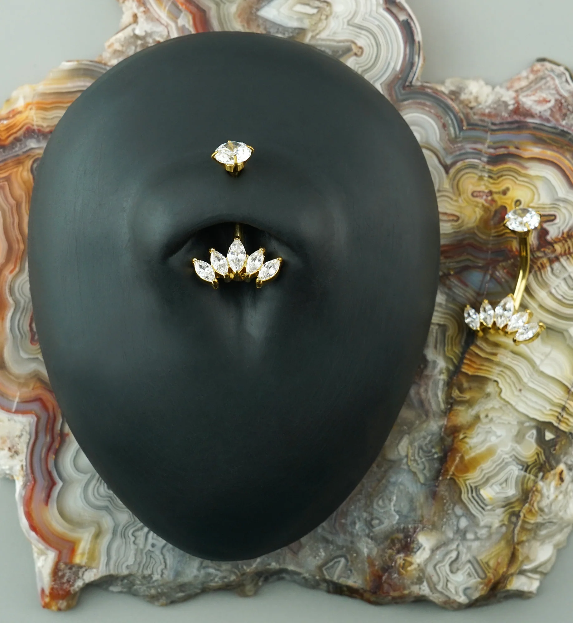 Gold PVD Half Crown CZ Stainless Steel Internally Threaded Belly Button Ring - Image 2
