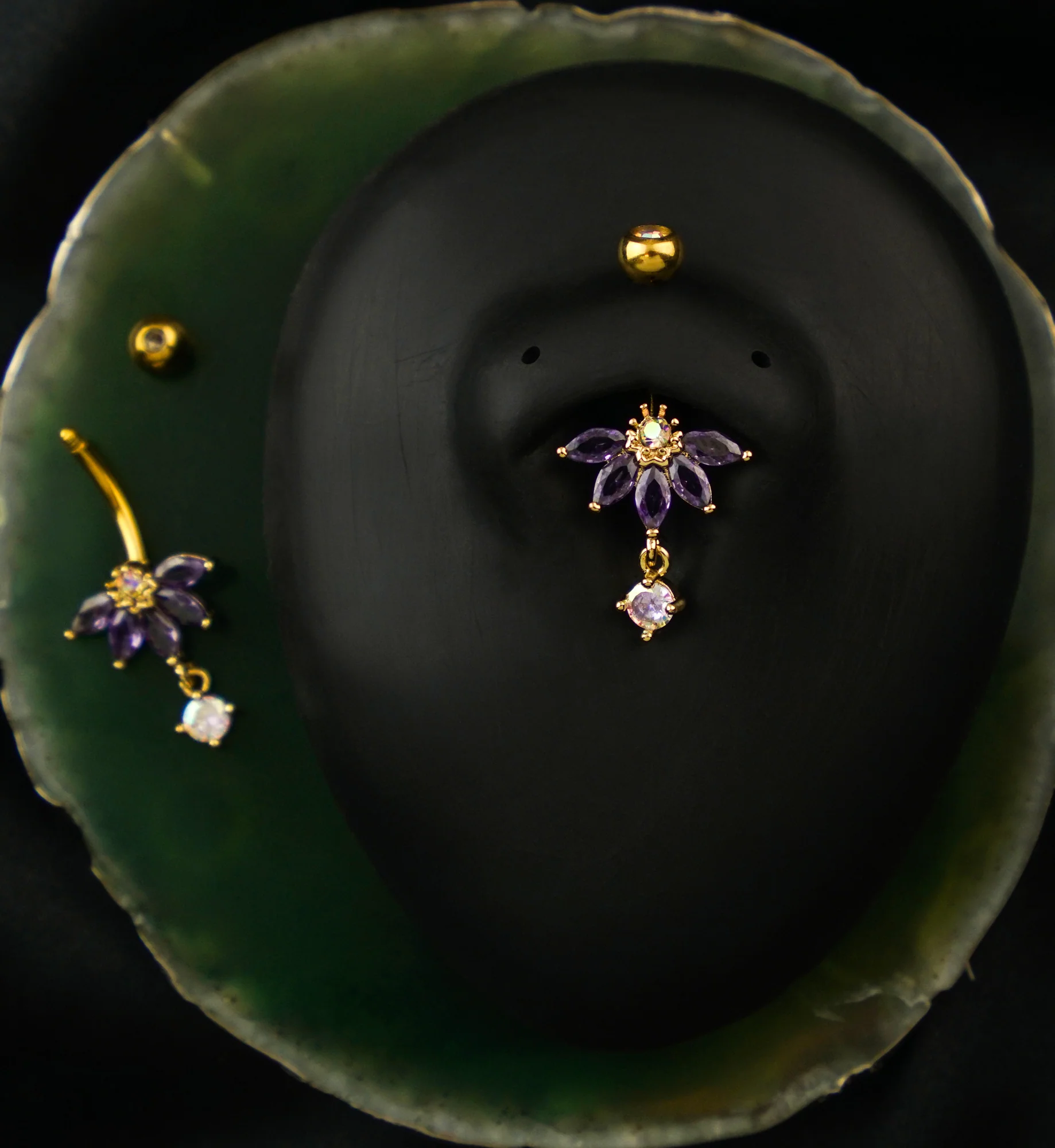 Gold PVD Half Flower Amethyst And Rainbow Aurora CZ Dangle Stainless Steel Belly Button Ring - Image 2