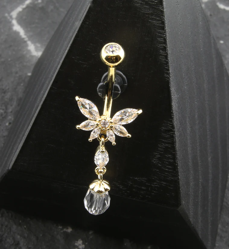 Gold PVD Half Flower Clear CZ Dangle Faceted Charm Stainless Steel Belly Button Ring - Image 2