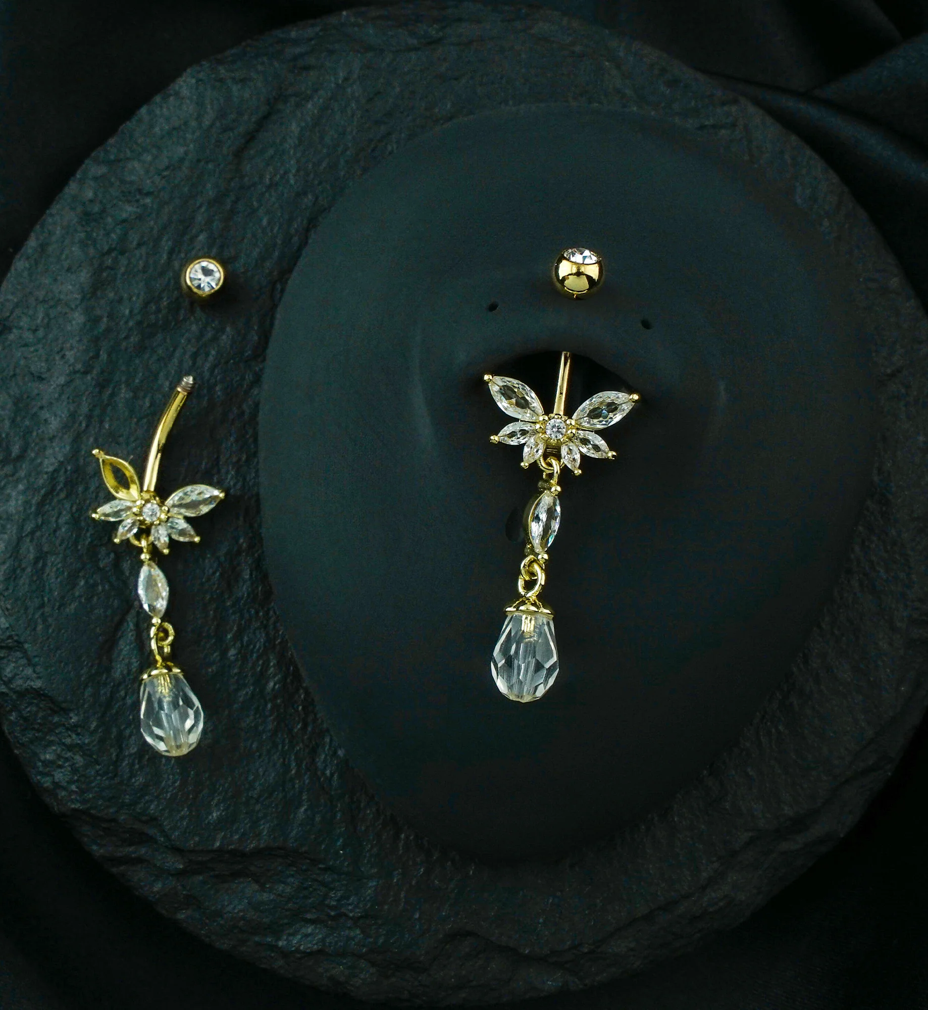 Gold PVD Half Flower Clear CZ Dangle Faceted Charm Stainless Steel Belly Button Ring - Image 3