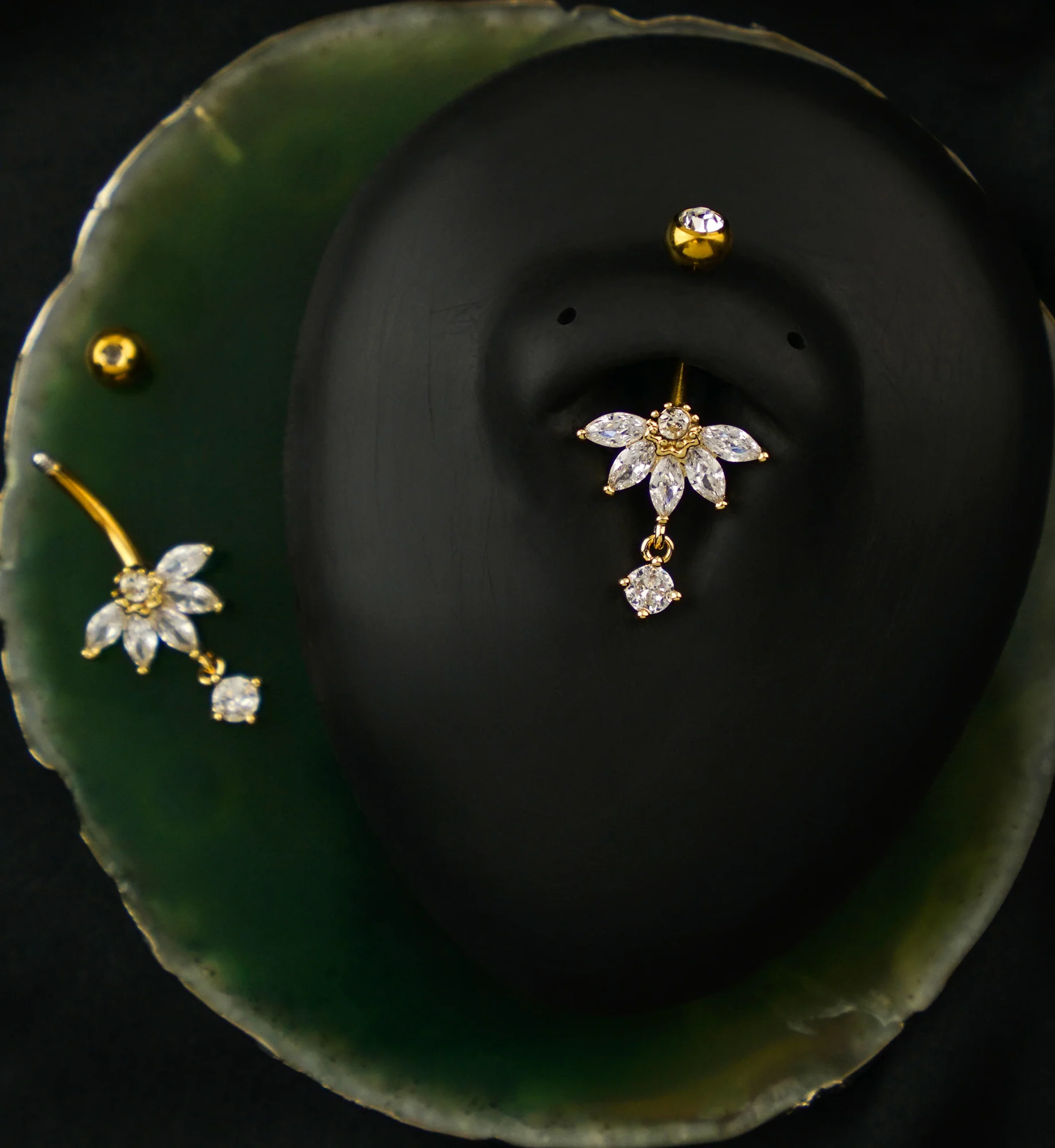 Gold PVD Half Flower Clear CZ Dangle Stainless Steel Belly Button Ring - Image 2