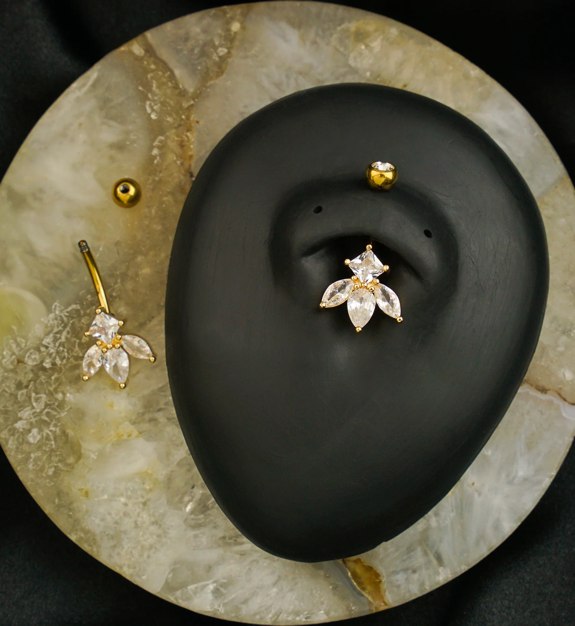 Gold PVD Half Flower Clear CZ Titanium Belly Button Ring - Image 2