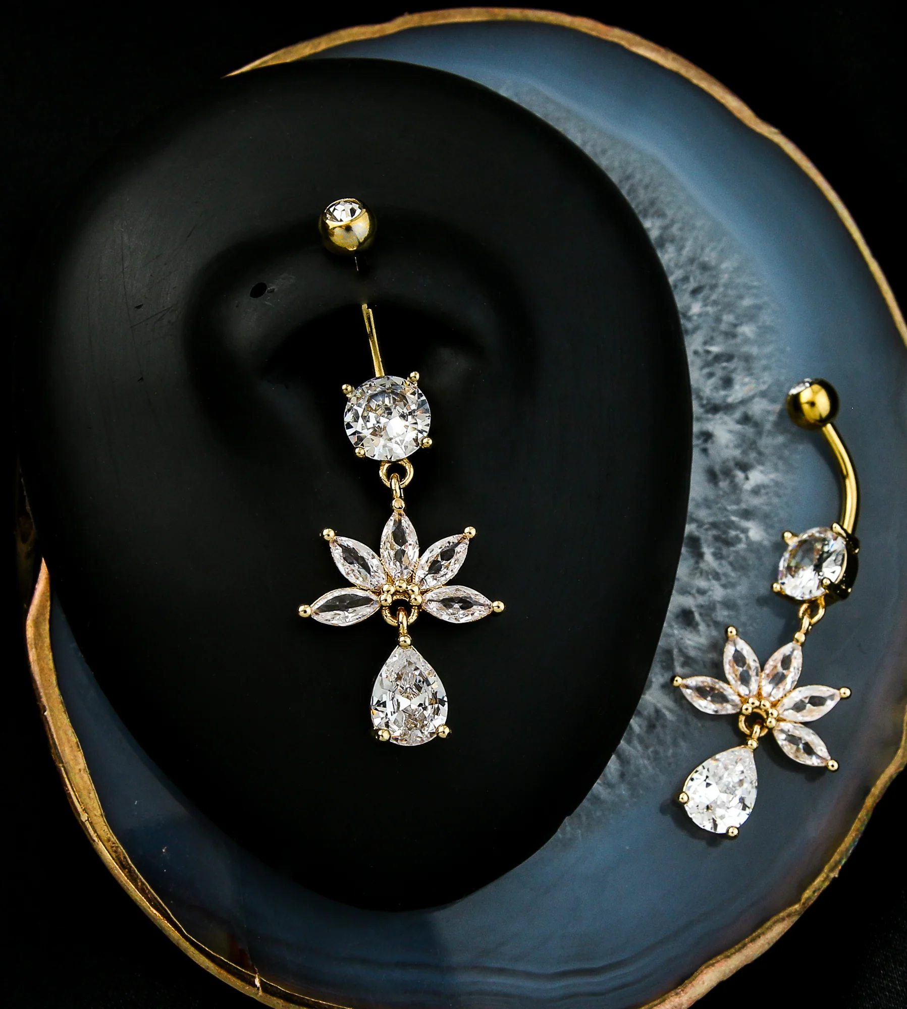 Gold PVD Half Flower Marquise Clear CZ Teardrop Dangle Stainless Steel Belly Button Ring - Image 2