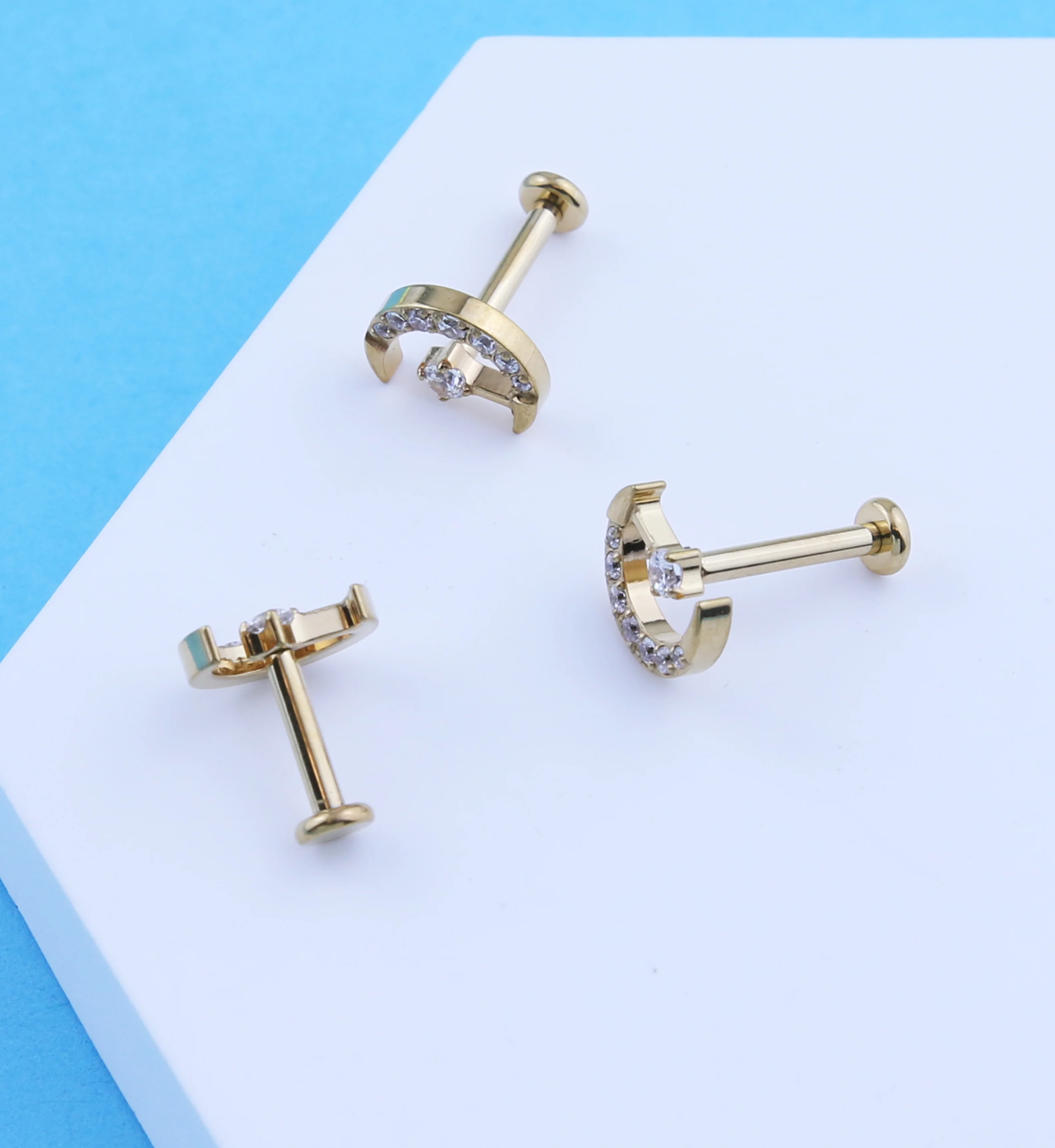 Gold PVD Half Moon Clear CZ Drop Internally Threaded Titanium Labret - Image 2