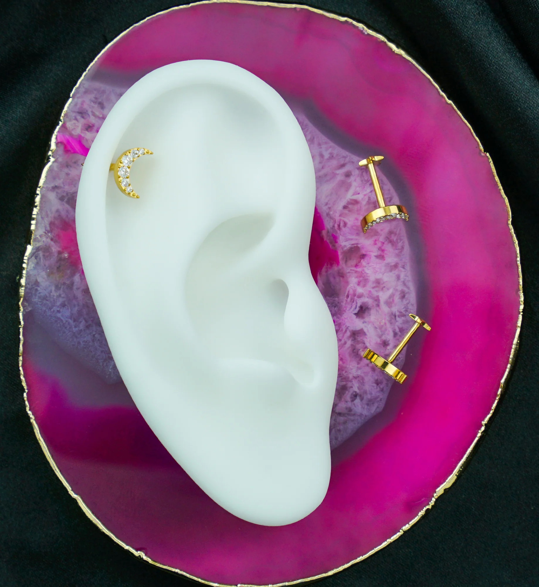 Gold PVD Half Moon Clear CZ Star Back Titanium Threadless Labret - Image 2
