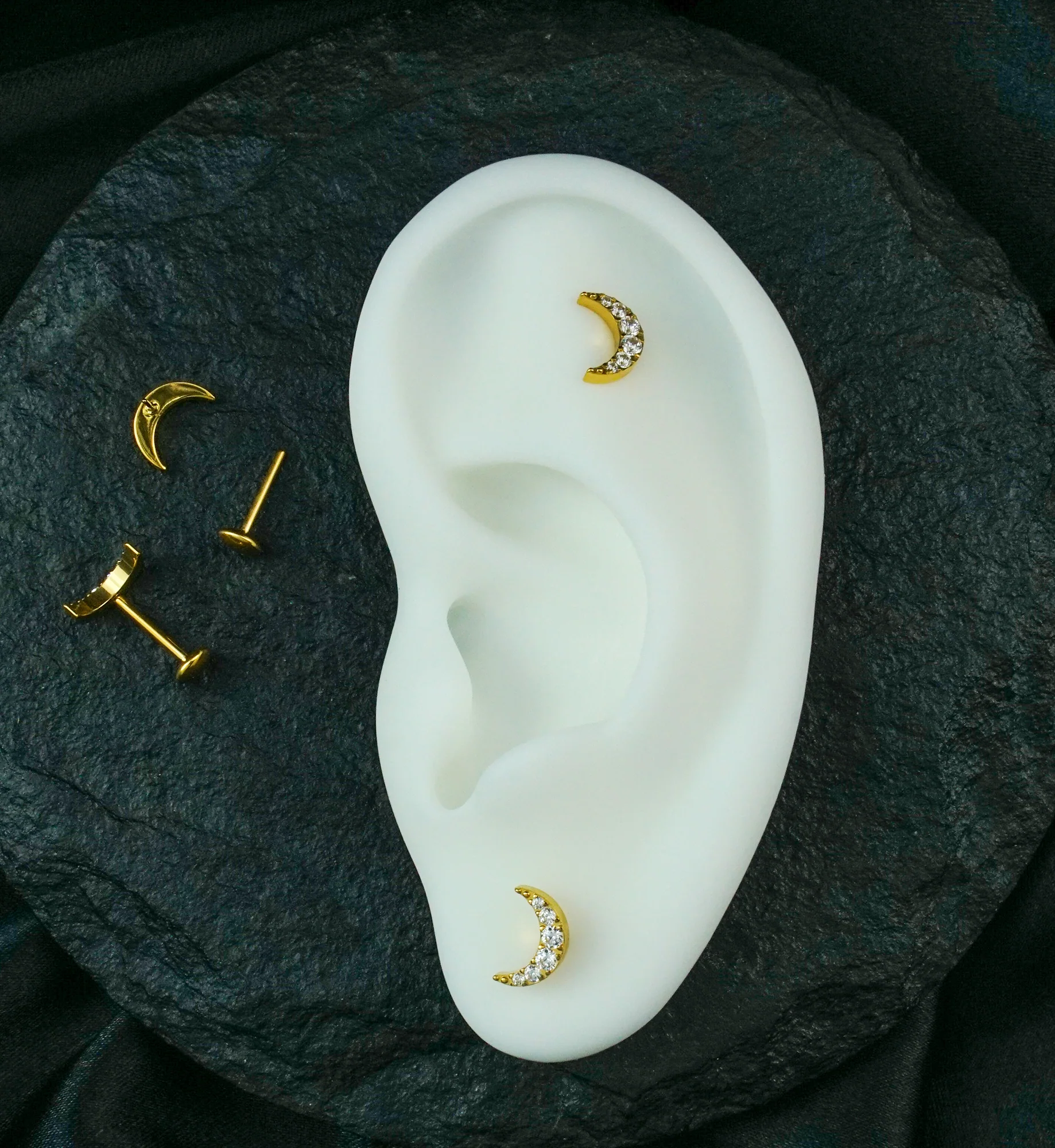 Gold PVD Crescent Moon Clear CZ Titanium Convex Disk Labret - Image 2