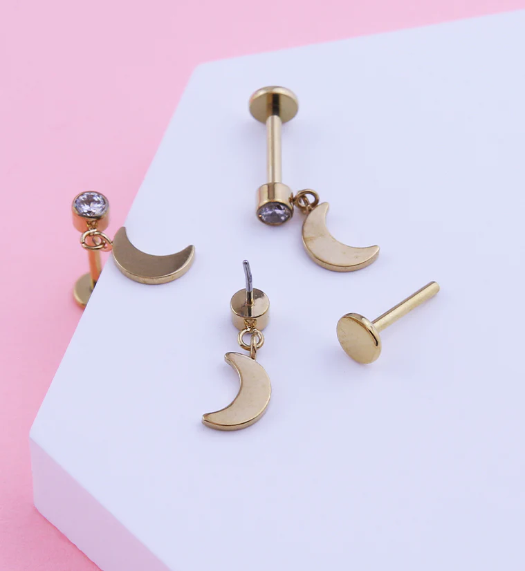 Gold PVD Half Moon Dangle Clear CZ Titanium Threadless Labret - Image 2