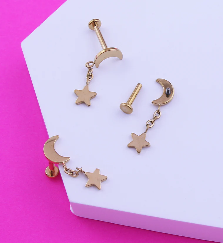 Gold PVD Half Moon Dangle Star Internally Threaded Titanium Labret - Image 2
