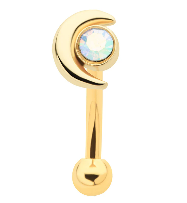 Gold PVD Crescent Moon Rainbow Aurora CZ Curved Barbell