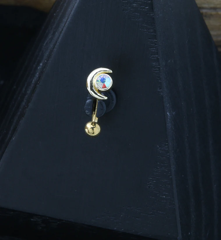 Gold PVD Crescent Moon Rainbow Aurora CZ Curved Barbell - Image 2