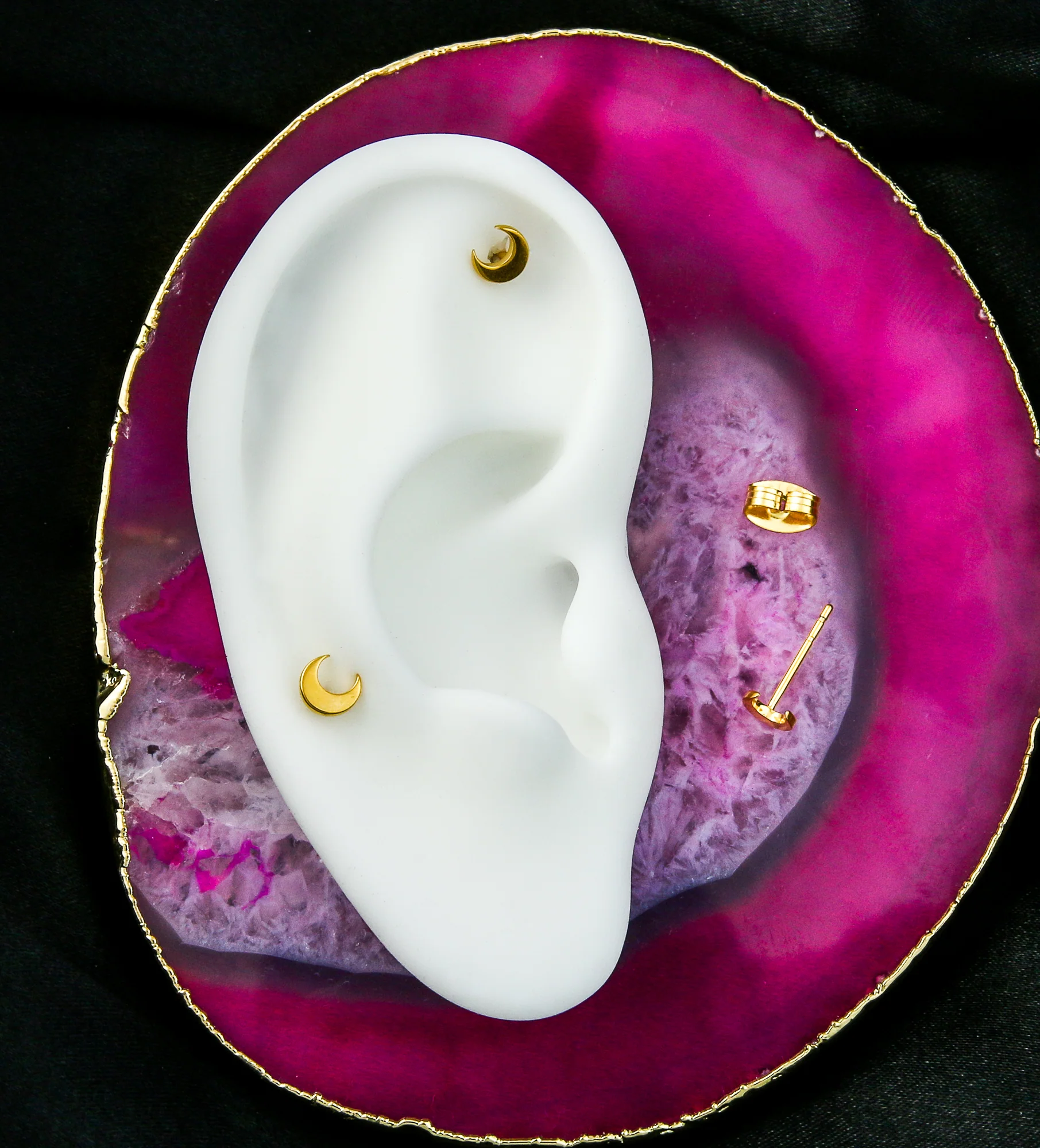 Gold PVD Crescent Moon Stainless Steel Stud Earrings - Image 2