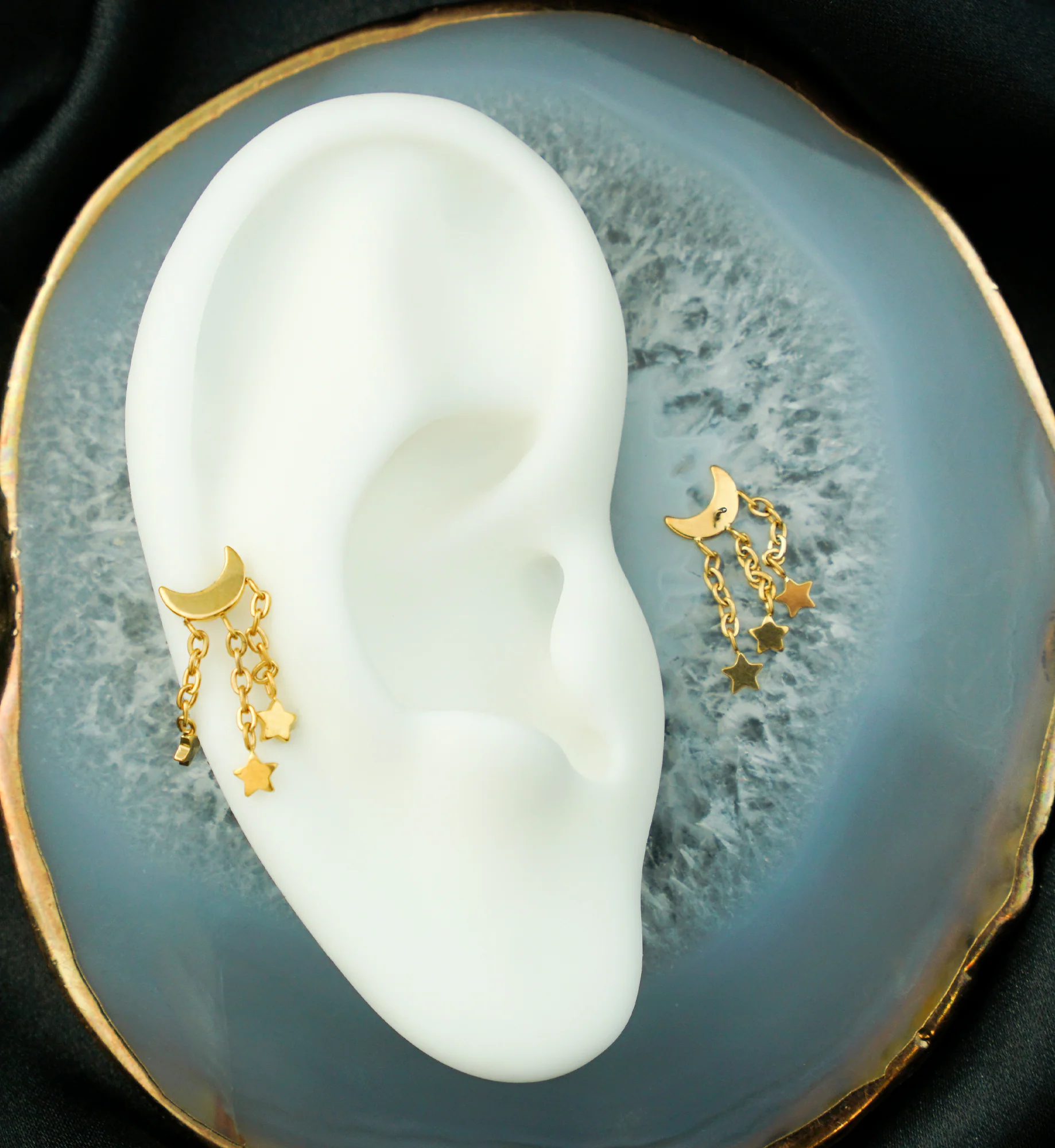 Gold PVD Half Moon Triple Dangle Star Titanium Threadless Top - Image 2