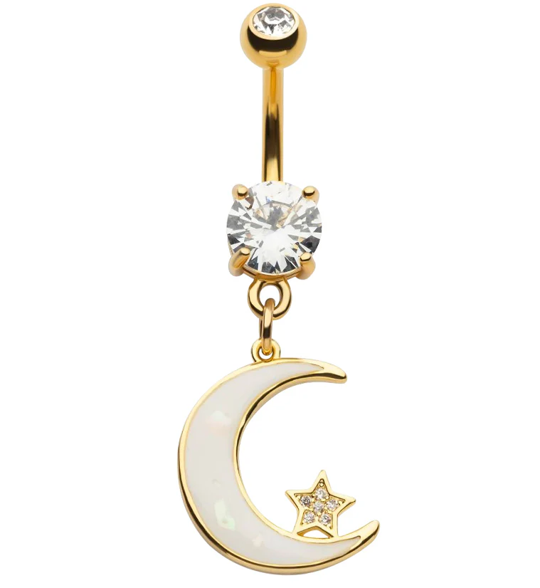 Gold PVD Half Moon White Opalite Dangle Belly Button Ring