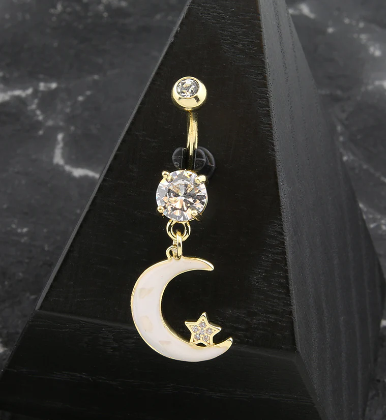 Gold PVD Half Moon White Opalite Dangle Belly Button Ring - Image 2