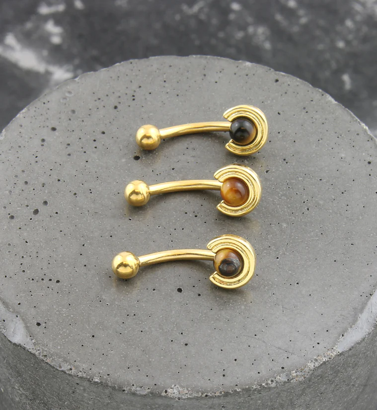 Gold PVD Halo Tiger Eye Howlite Stone Stainless Steel Curved Barbell - Image 2