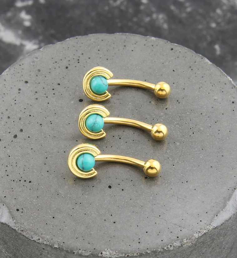 Gold PVD Halo Turquoise Howlite Stone Stainless Steel Curved Barbell - Image 2