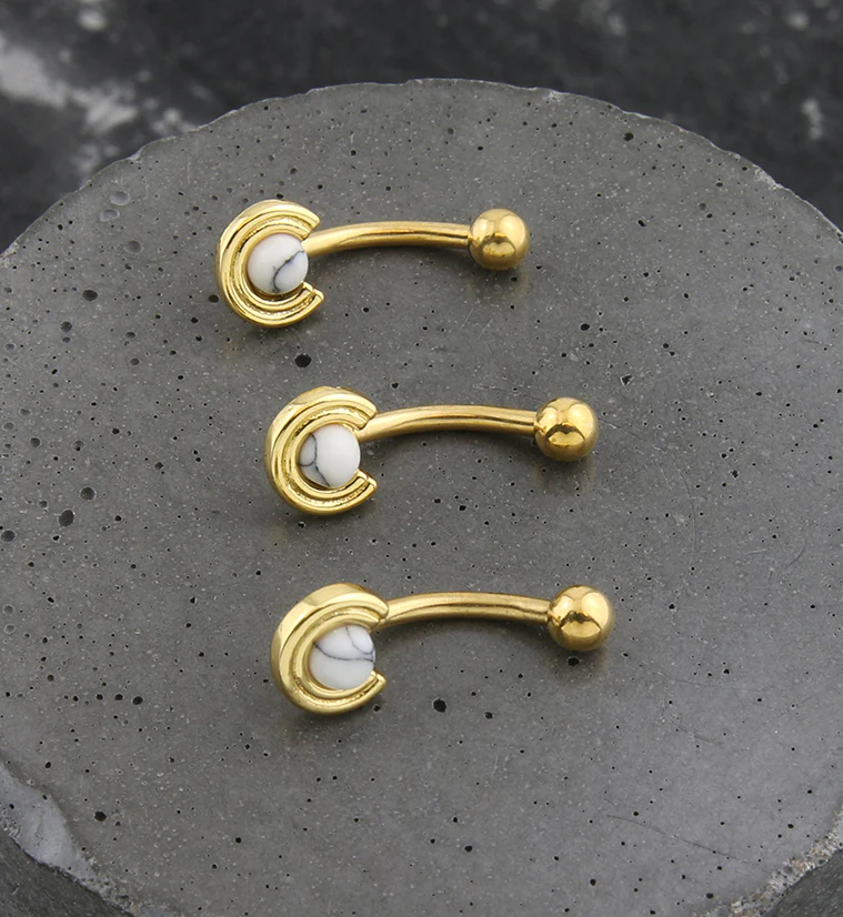 Gold PVD Halo White Howlite Stone Stainless Steel Curved Barbell - Image 2