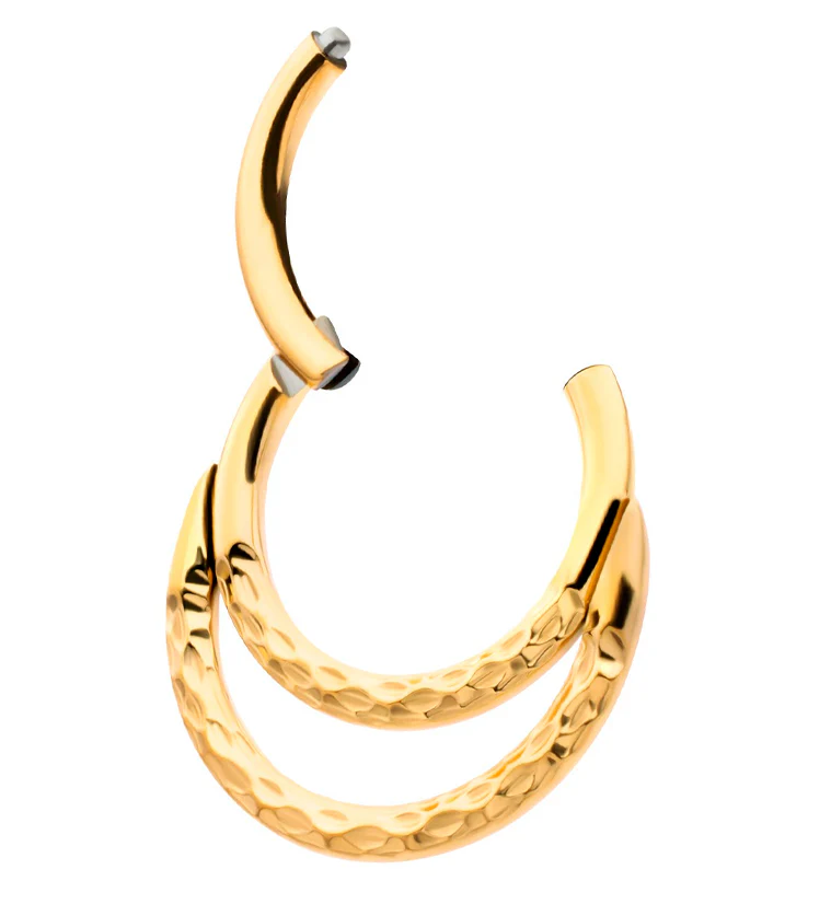 24kt Gold PVD Hammered Double Hoop Titanium Hinged Segment Ring - Image 3