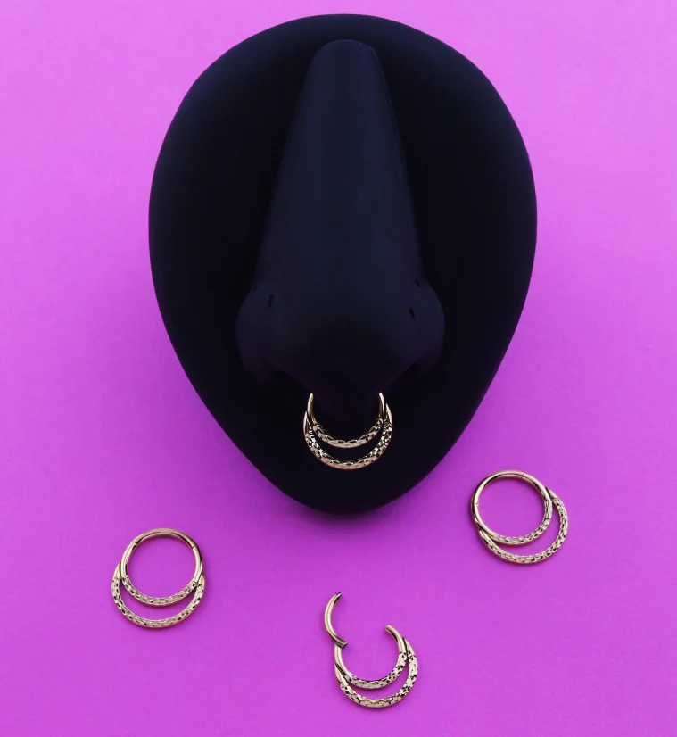 24kt Gold PVD Hammered Double Hoop Titanium Hinged Segment Ring - Image 4