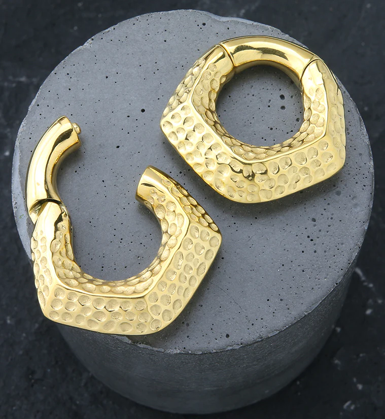 Gold PVD Hammered Point Hinged Ear Weights - Image 2