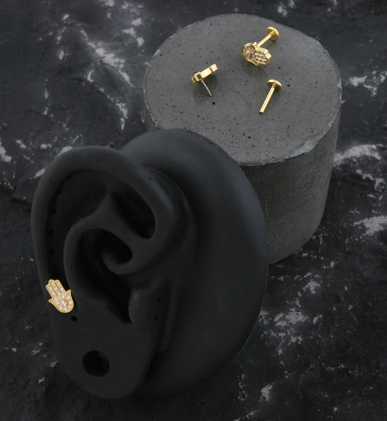 Gold PVD Hamsa Hand Clear CZ Threadless Titanium Labret - Image 2