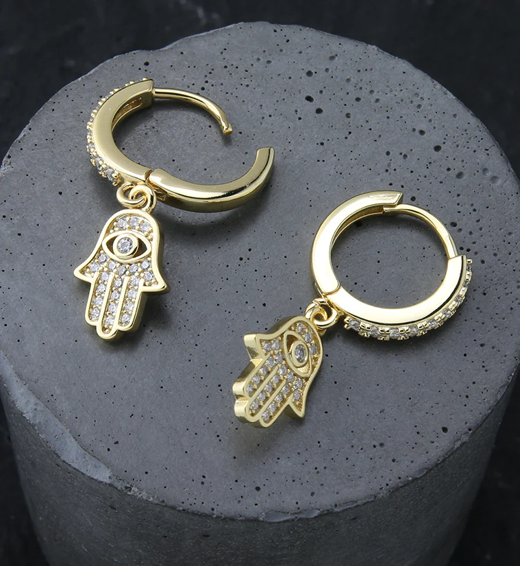 Gold PVD Hamsa Hand CZ Stainless Steel Hoop Earrings - Image 2